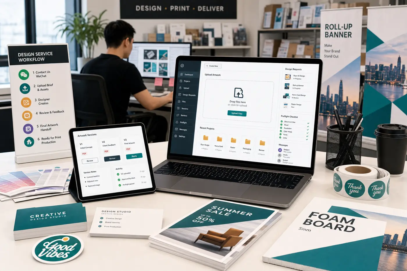 Bay Print 設計排版、WeChat 聯絡設計師、素材上傳及文件下載工作台